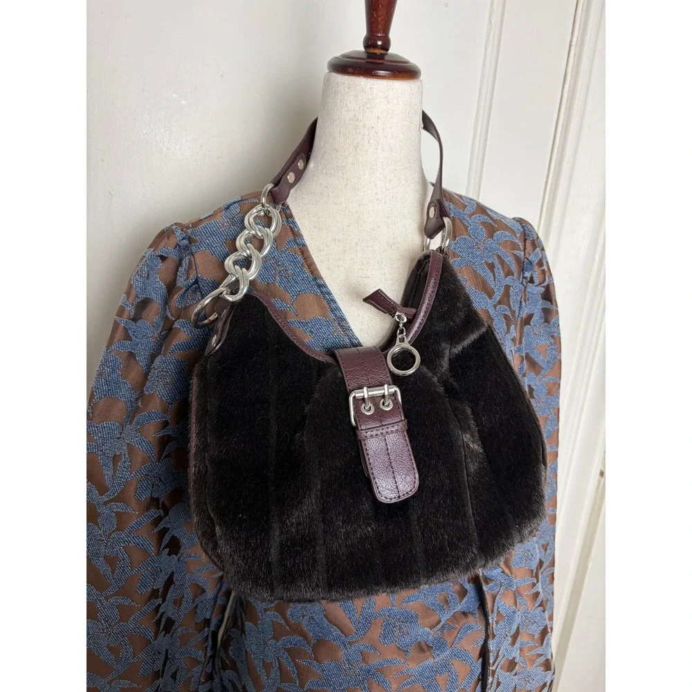 Vintage Brown Faux Fur‎ Hobo Bag Silver Chain Strap Burgundy Buckle Shoulder Bag